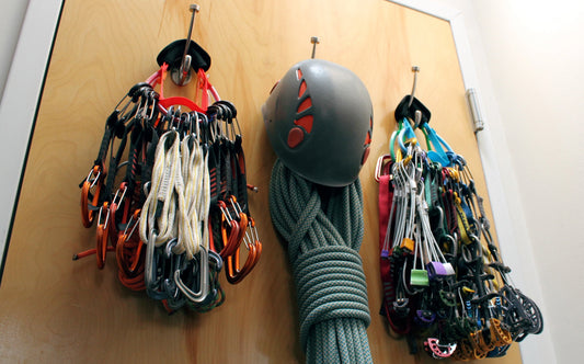 Climbing gear hanging from two gear organizers on door hooks.