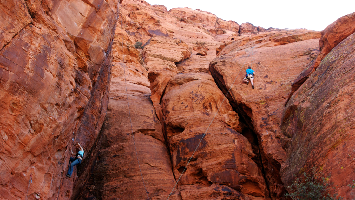 Two climbers scaling a cliffside.
